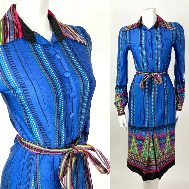 VTG 60s 70s BLUE GREEN PINK DOTTY STRIPED AZTEC BELTED DAGGER SHIRT DRESS 8 10