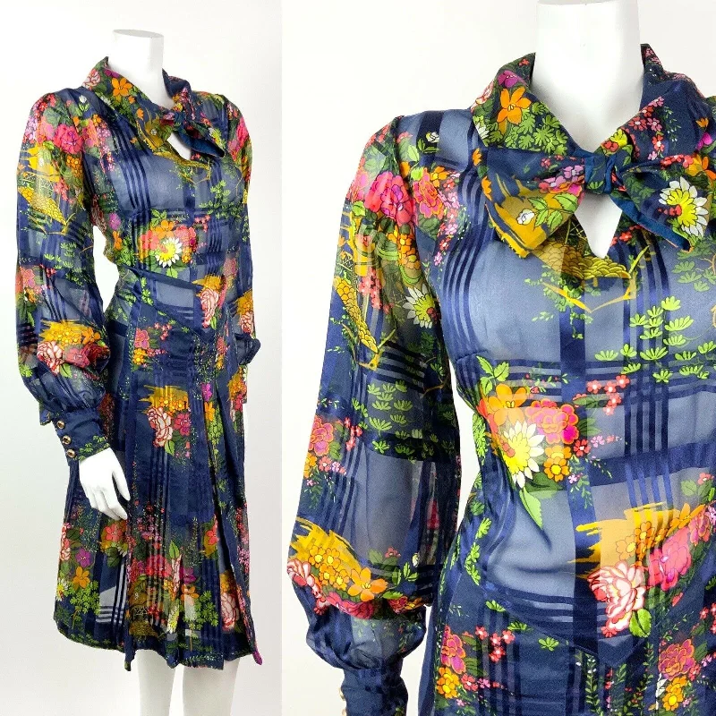 VTG 60s 70s BLUE PINK YELLOW GREEN FLORAL PLAID PUSSYBOW SHEER SHIRT DRESS 14 16