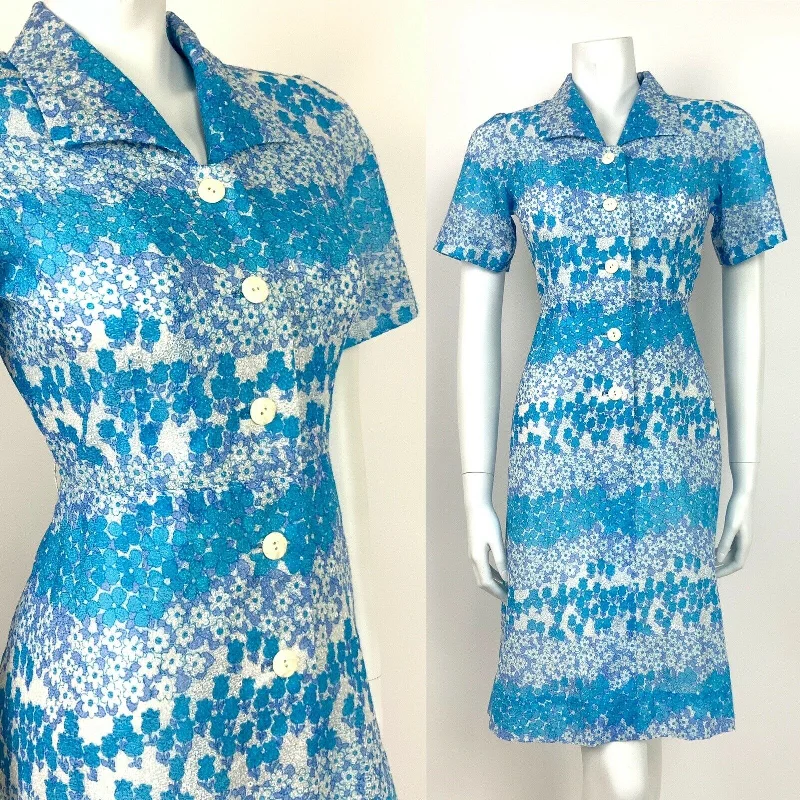 VTG 60s 70s BLUE WHITE DAISY FLORAL LACE BRODERIE SHIRT DRESS SUMMER 10 12