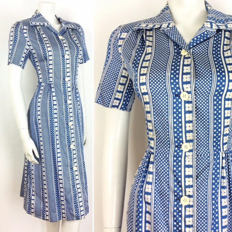 VTG 60S 70S BLUE WHITE DAISY FLOWER GEOMETRIC SHIRT DRESS 10