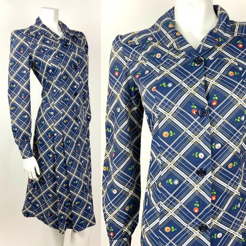 VTG 60s 70s BLUE WHITE SILVER RED PLAID CHECKED DAISY FLORAL SHIRT DRESS 12 14