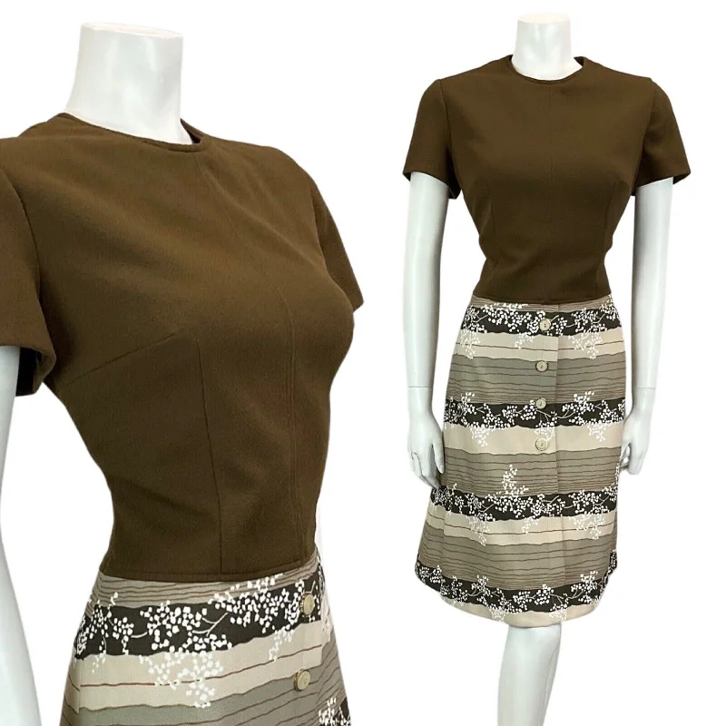 VTG 60S 70S BROWN BEIGE TAN STRIPED PRINT BOHO MOD MIDI DRESS 12 14