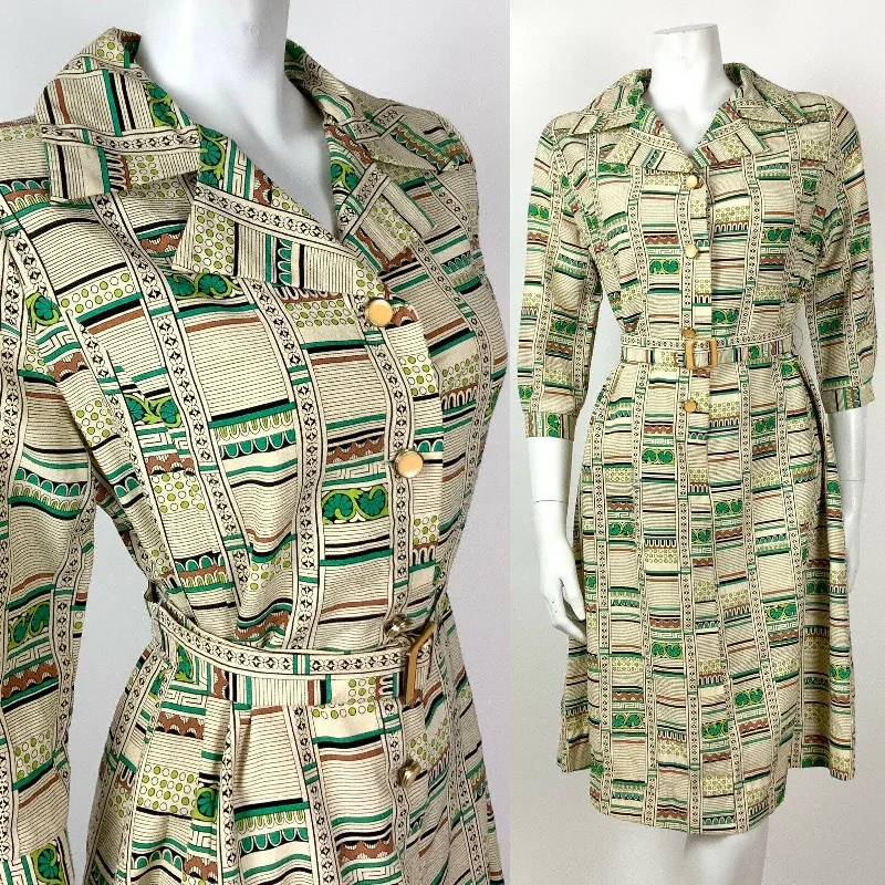 VTG 60s 70s CREAM GREEN BLACK BROWN STRIPED FLORAL GEOMETRIC SHIRT DRESS 14 16