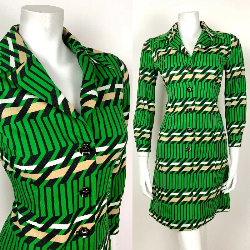 VTG 60s 70s GREEN BLACK WHITE BEIGE GEOMETRIC MOD STRIPED DAGGER SHIRT DRESS 10