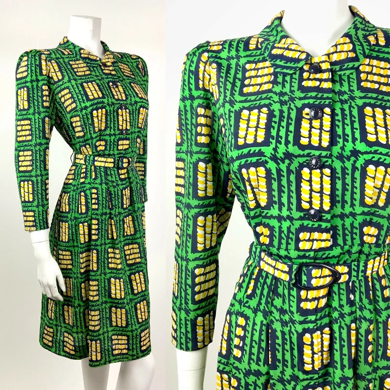 VTG 60s 70s GREEN BLUE YELLOW GEOMETRIC SQUARE PETER PAN COLLAR SHIRT DRESS 8 10