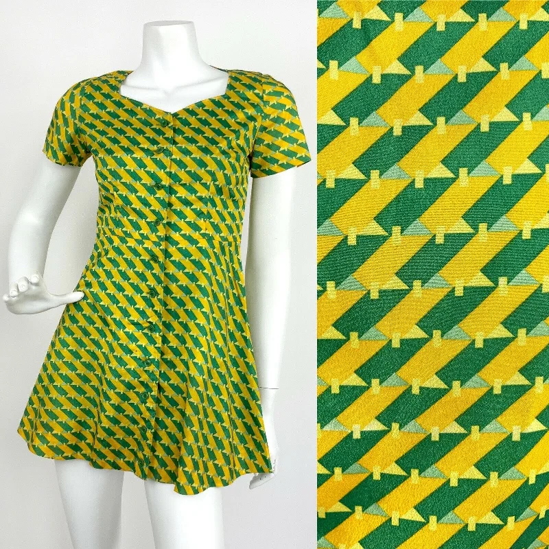 VTG 60s 70s GREEN YELLOW BLUE GEOMETRIC OP-ART SWEETHEART A-LINE MINI DRESS 6