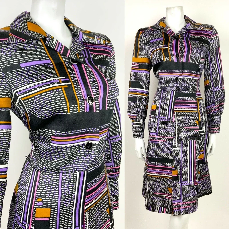 VTG 60s 70s MOD BLACK WHITE PURPLE PINK GOLD GEOMETRIC STRIPED SHIRT DRESS 14 16