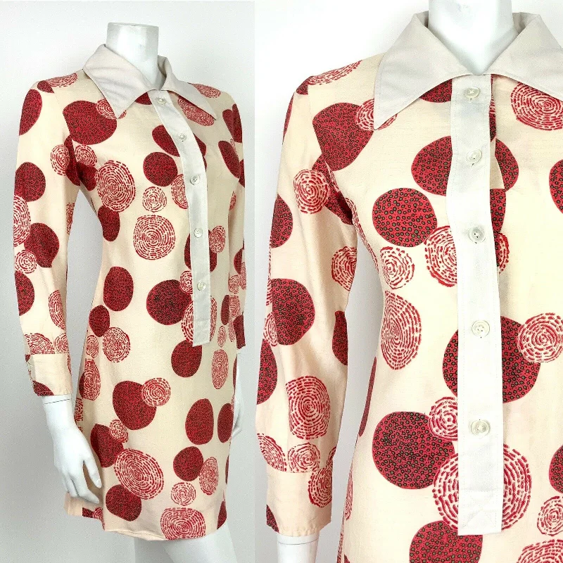 VTG 60s 70s MOD CREAM RED BLACK GREEN GEOMETRIC CIRCLE SHIRT DRESS 8 10