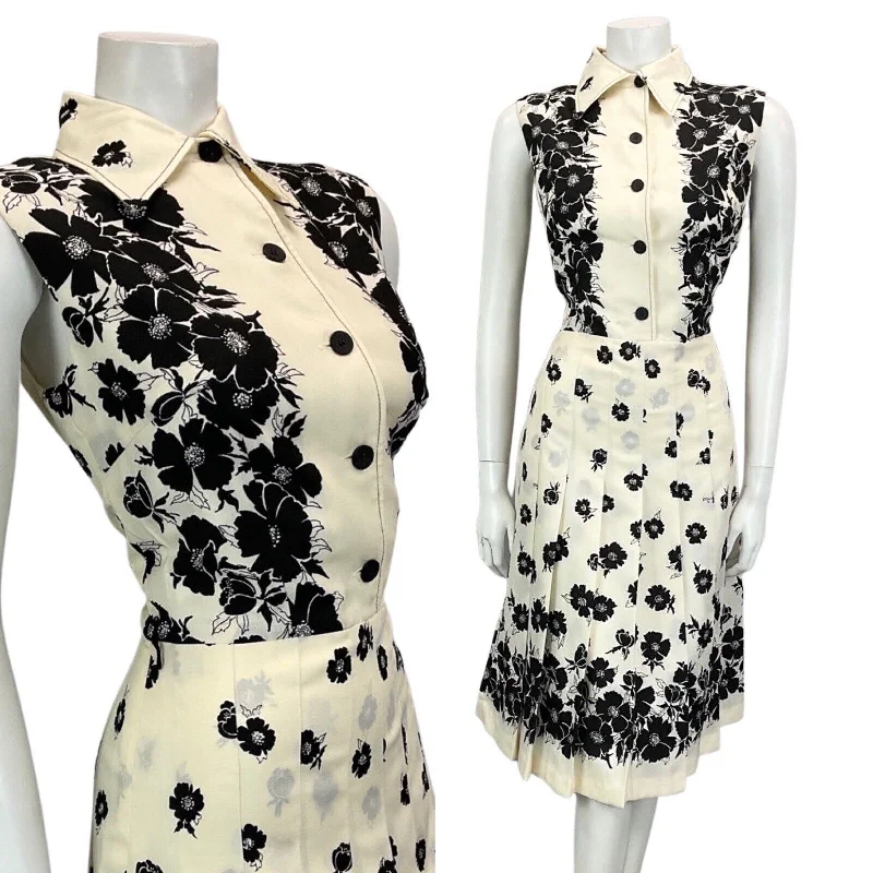 VTG 60S 70S OFF WHITE BLACK FLORAL PATTERNED BOHO MOD PLEATED MIDI DRESS 12 14