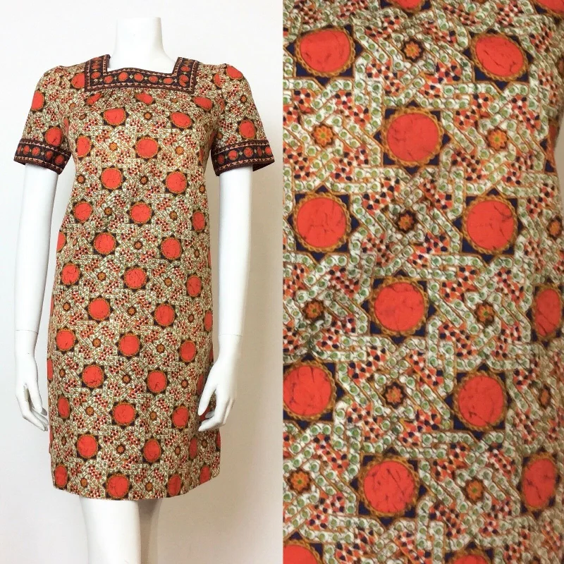 VTG 60S 70S ORANGE ETHNIC PSYCHEDELIC BATIK PRINT COTTON MINI DRESS 8 10