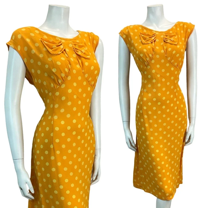 VTG 60s 70s ORANGE YELLOW POLKA DOT MIDI DRESS 10 12