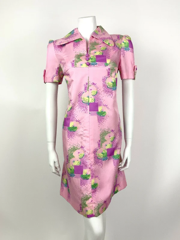 VTG 60s 70s PSYCHEDELIC PINK PURPLE BLUE GREEN SQUARE FLORAL SHIRT DRESS 12