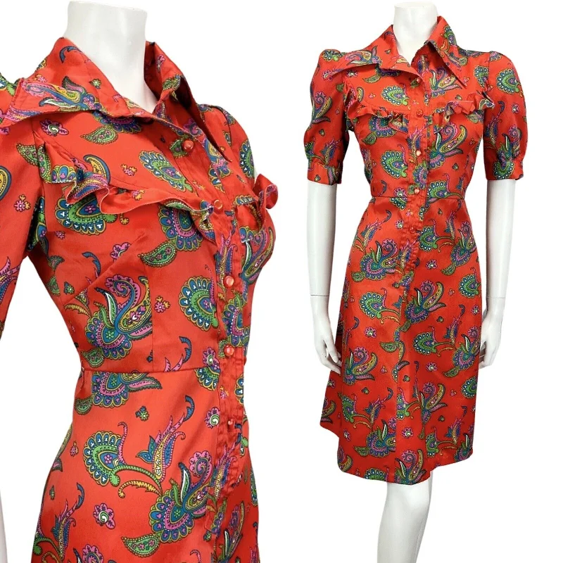 VTG 60s 70s RED BLUE PINK PAISLEY PRINT RUFFLED DAGGAR COLLAR MIDI DRESS 10 12