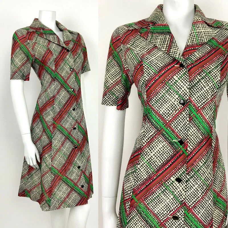 VTG 60s 70s WHITE BLACK RED GREEN GEOMETRIC CHECKERED TARTAN SHIRT DRESS 10 12