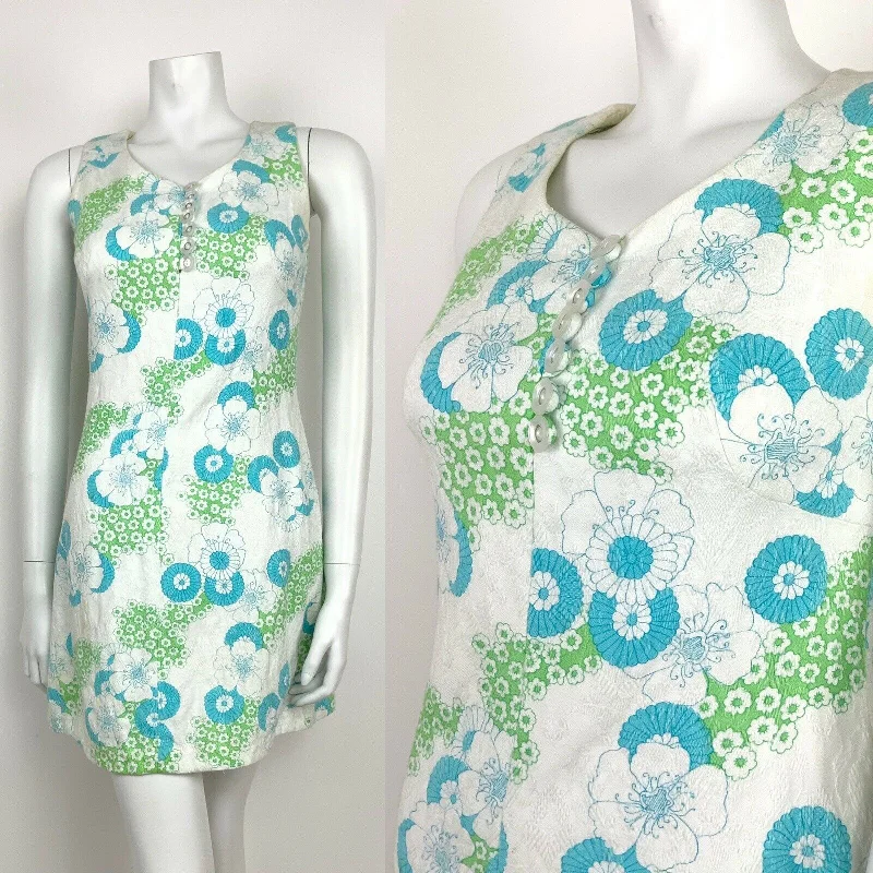 VTG 60s 70s WHITE BLUE GREEN EMBOSSED PSYCHEDELIC FLORAL SUMMER MINI DRESS 6 8