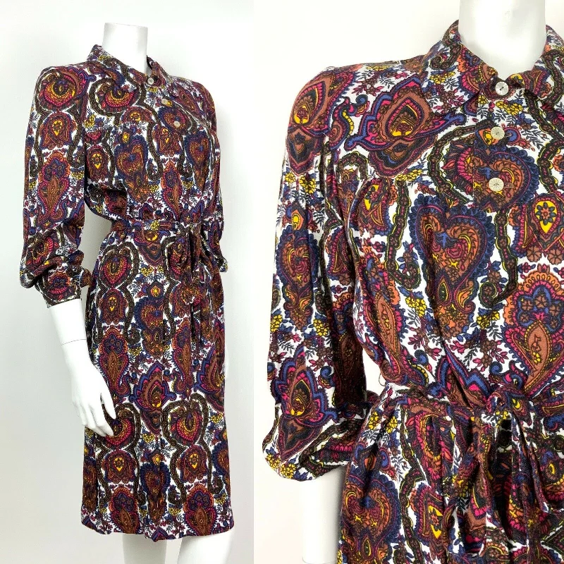 VTG 60s 70s WHITE BROWN BLUE RED PSYCHEDELIC PAISLEY FLORAL SHIRT DRESS 12 14