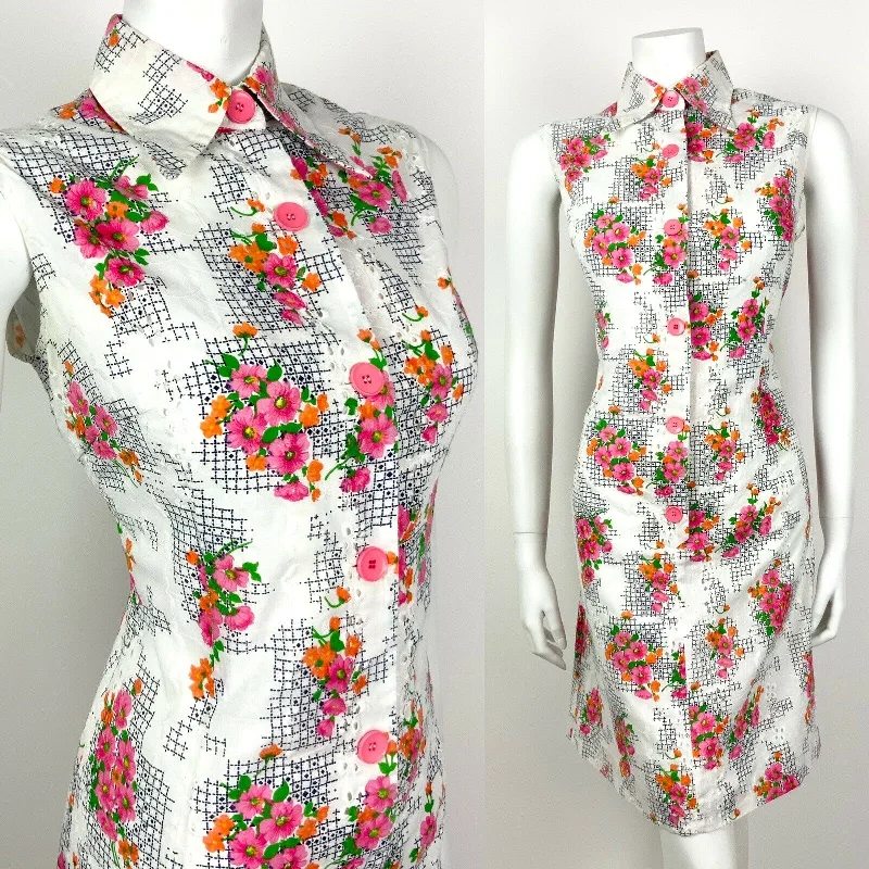 VTG 60s 70s WHITE PINK ORANGE GREEN EMBROIDERED FLORAL DAGGER SHIRT DRESS 12 14