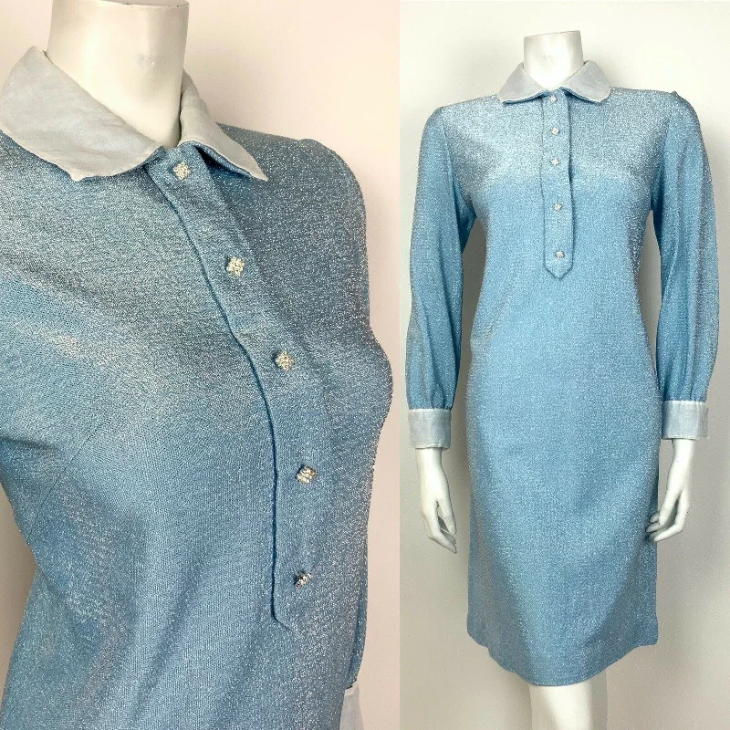 VTG MOD 60s 70s BABY BLUE SILVER LUREX BERMUDA COLLAR DIAMANTE SHIRT DRESS 10 12