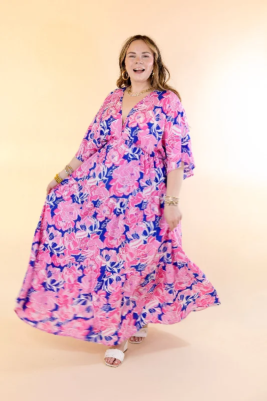 Waving Hello Floral Maxi Dress with V Neckline in Blue and Pink