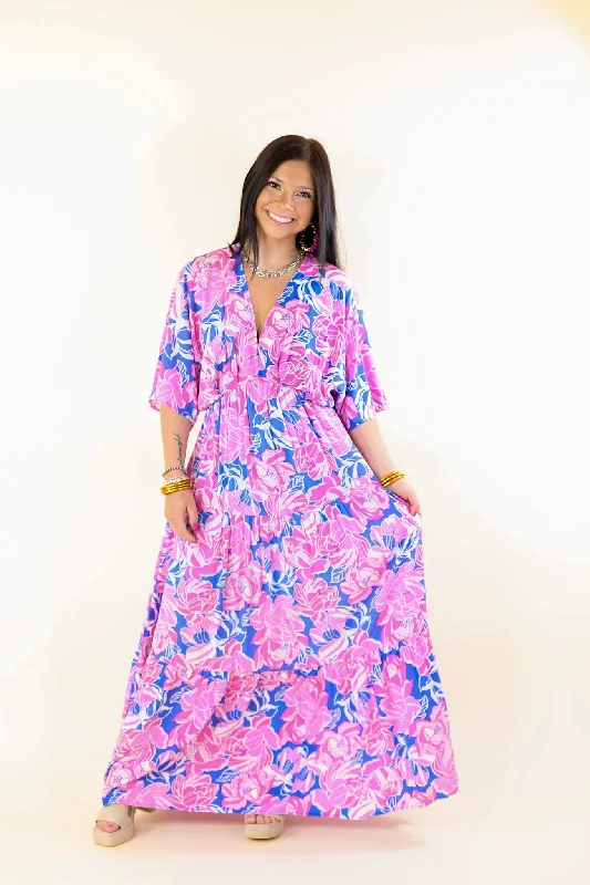 Waving Hello Floral Maxi Dress with V Neckline in Blue and Pink