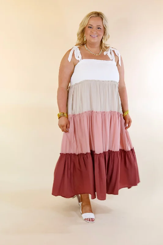 Weekend in Capri Tiered Maxi Dress with Adjustable Tie Straps in Mauve Mix