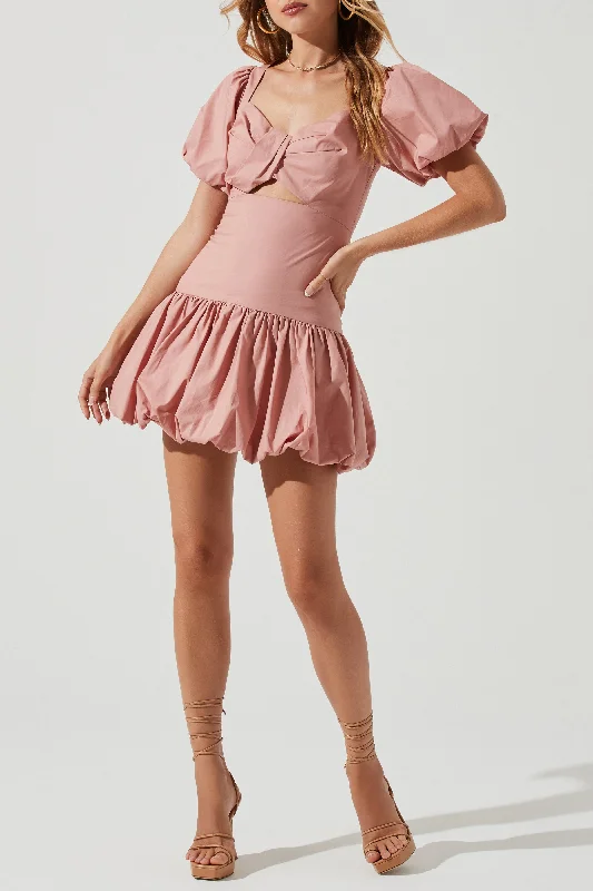 Puff Sleeve Bubble Mini Dress with Front Cut Out