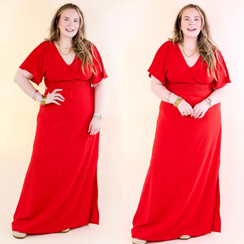 Wildly In Love V Neck Maxi Dress with Smocked Waist in Red