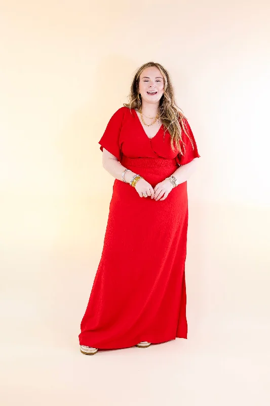 Wildly In Love V Neck Maxi Dress with Smocked Waist in Red