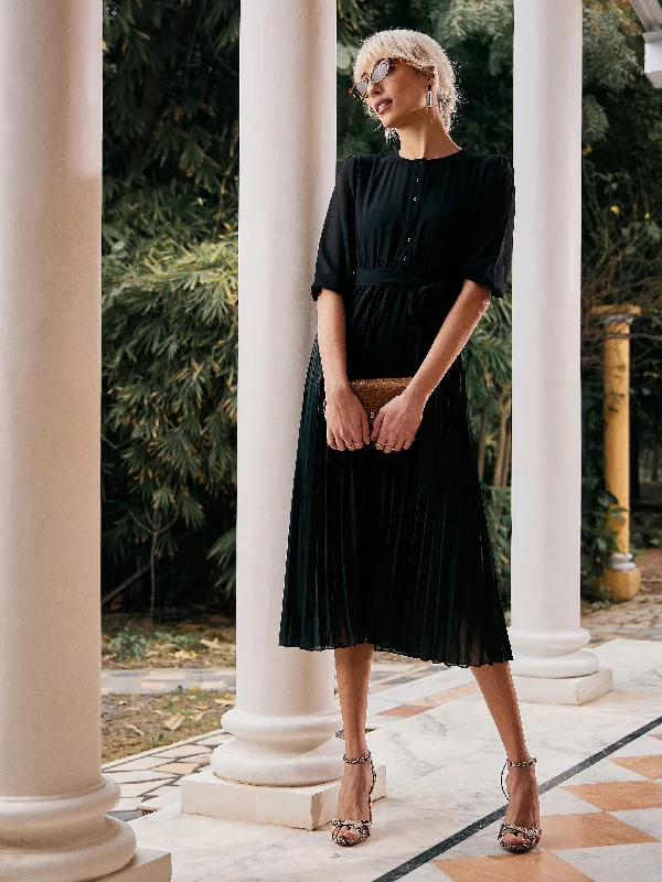 Women Black Accordion Pleated Belted Midi Dress