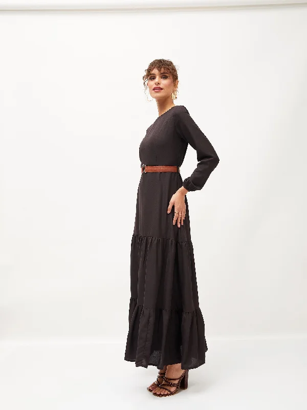 Women Black Belted Tiered Maxi Dress