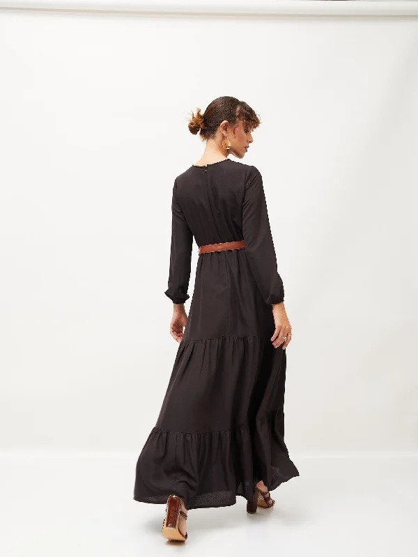 Women Black Belted Tiered Maxi Dress