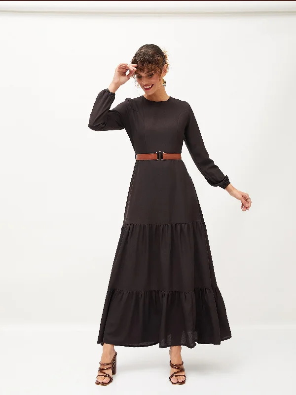 Women Black Belted Tiered Maxi Dress