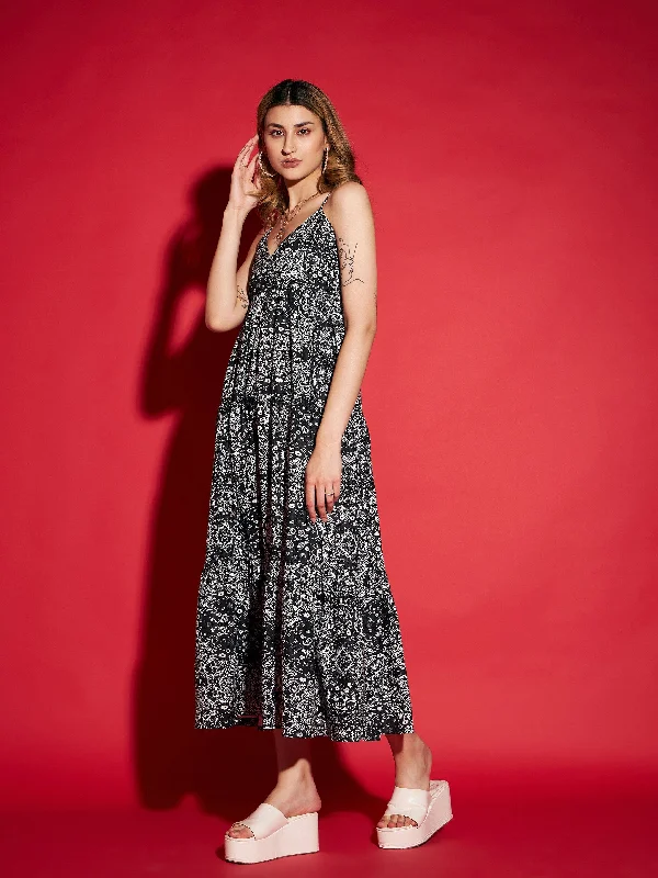 Women Black Floral Strappy Tiered Maxi Dress