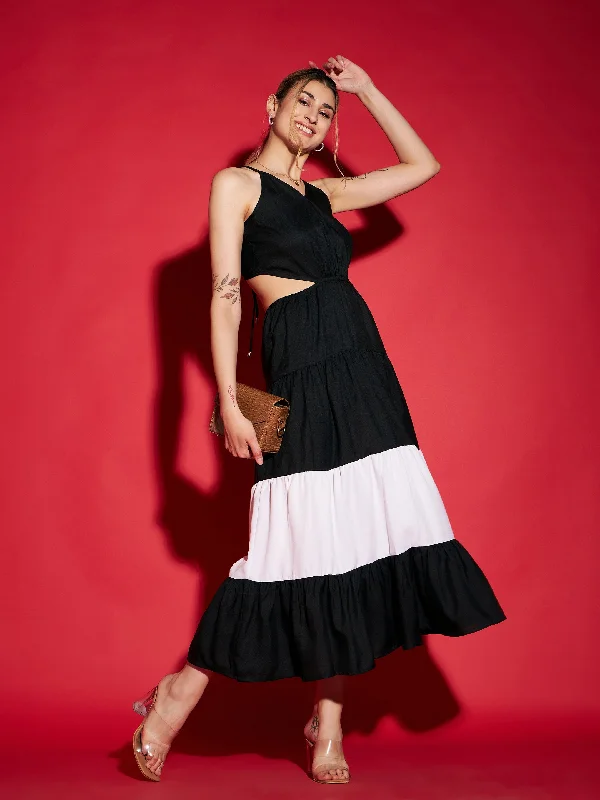 Women Black & White Colour Block Tiered Maxi Dress