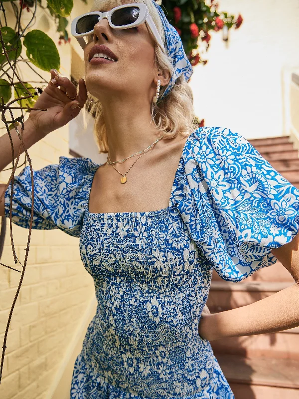 Women Blue Floral Smocked Midi Dress