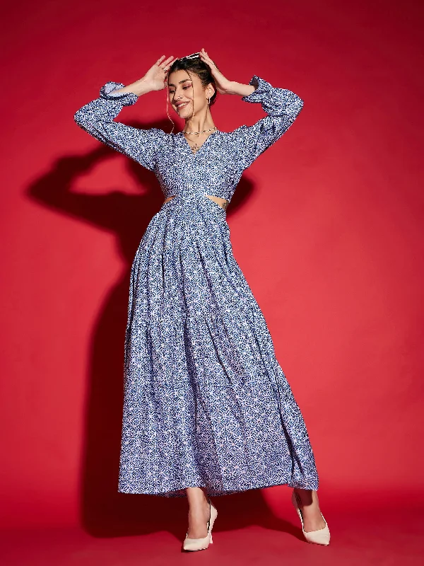 Women Blue Mughal Print Waist Cut-Out Maxi Dress