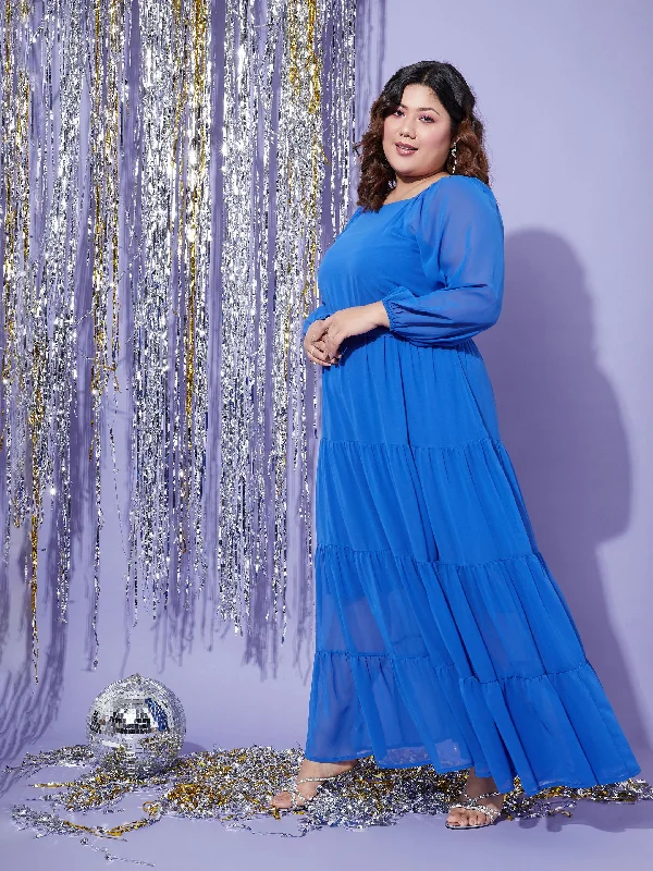 Women Blue Off Shoulder Tiered Maxi Dress