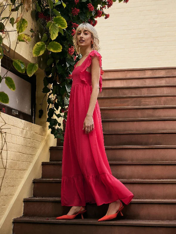 Women Fuchsia Square Neck Frill Hem Maxi Dress