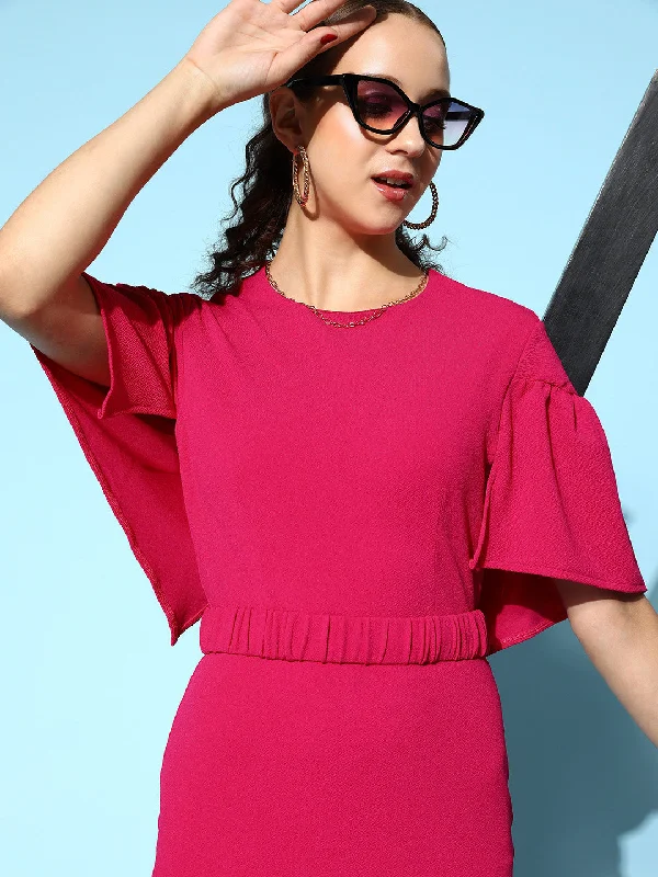 Women Fuchsia Belted Drop Shoulder Midi Dress