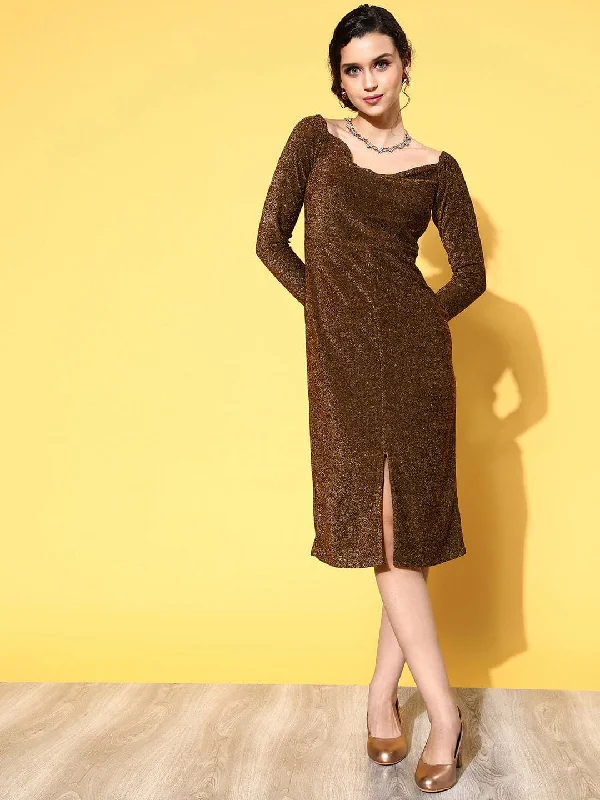 Women Gold Lurex Off Shoulder Midi Dress