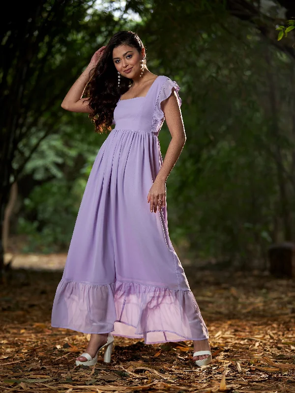 Women Lavender Square Neck Frill Hem Maxi Dress