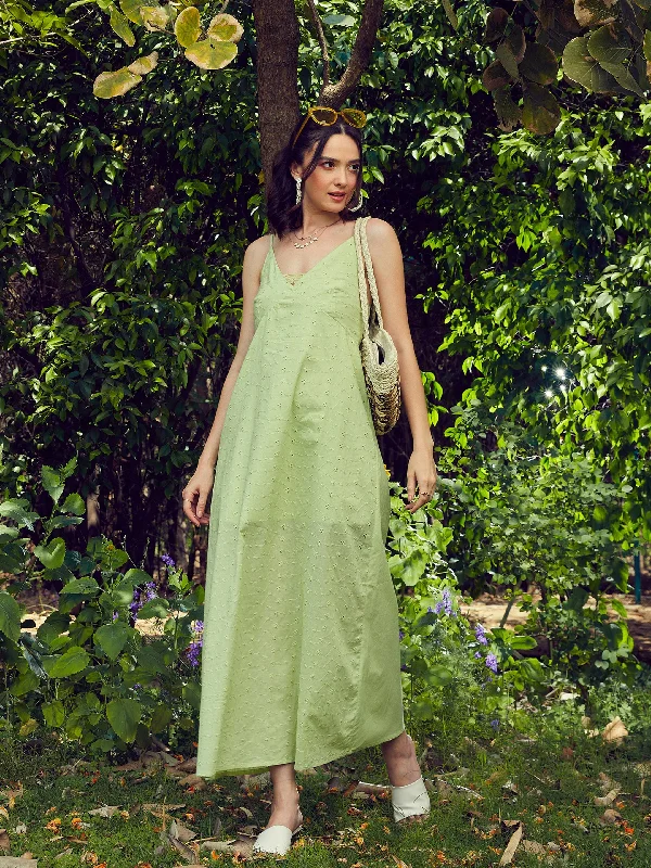 Women Lime Green Schiffli Strappy Maxi Dress