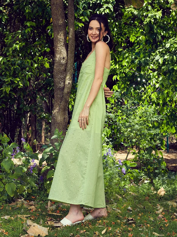 Women Lime Green Schiffli Strappy Maxi Dress