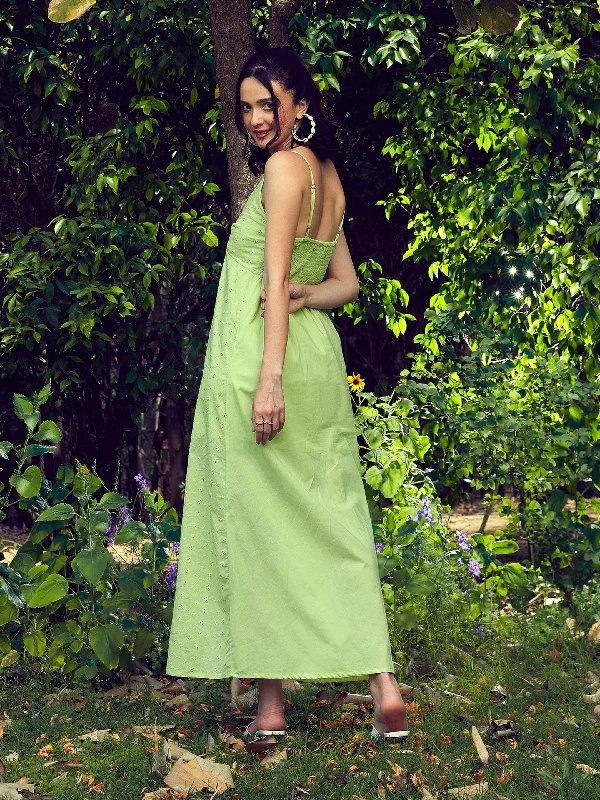 Women Lime Green Schiffli Strappy Maxi Dress