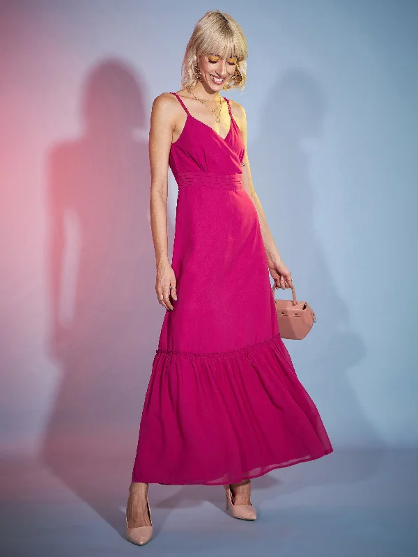 Women Magenta Strappy Wrap Neck Maxi Dress