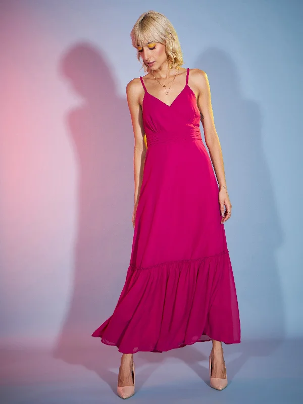 Women Magenta Strappy Wrap Neck Maxi Dress