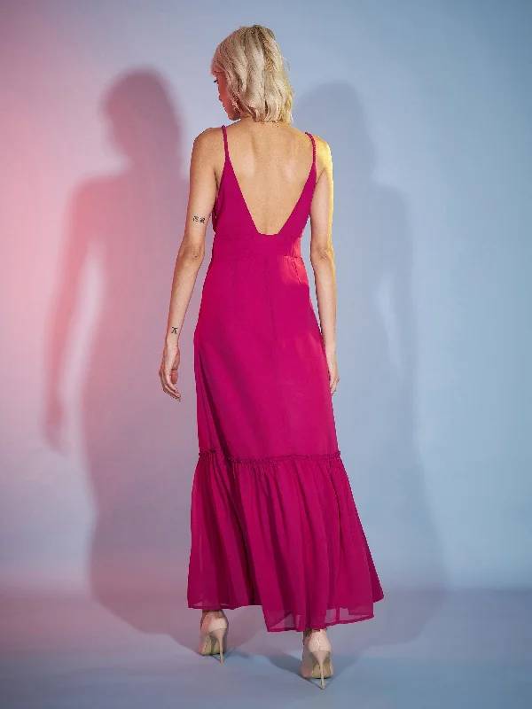 Women Magenta Strappy Wrap Neck Maxi Dress