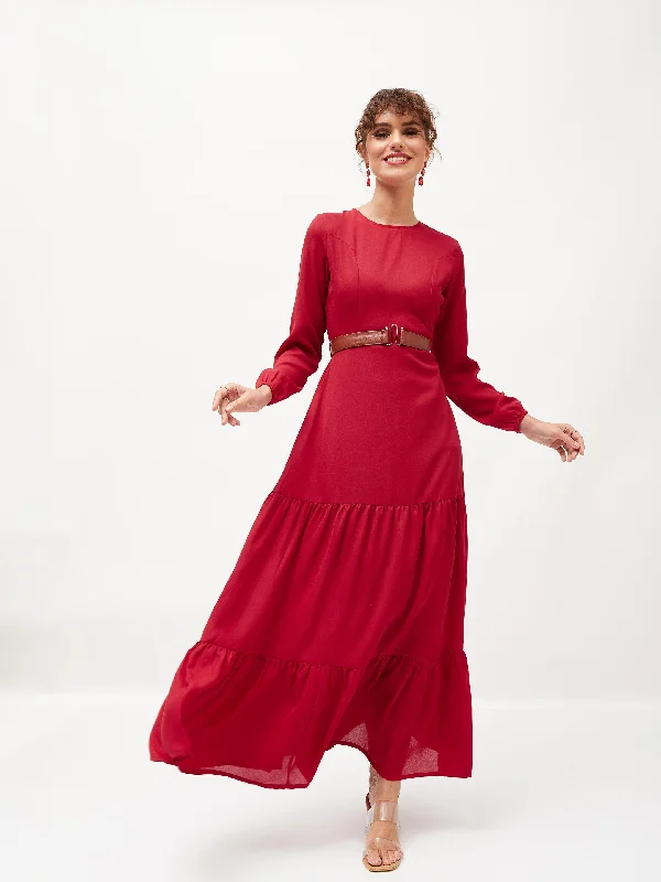 Women Maroon Belted Tiered Maxi Dress