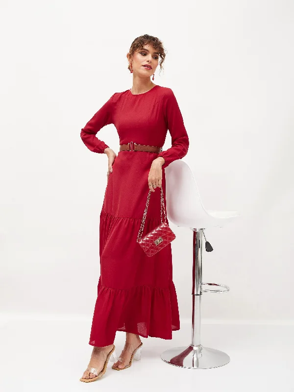 Women Maroon Belted Tiered Maxi Dress