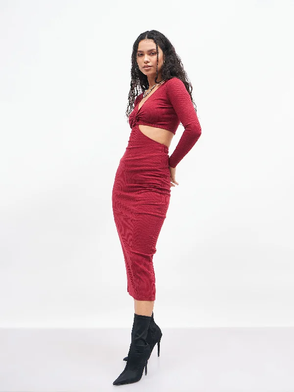 Women Maroon Rib Waist Cut Out Maxi Dress